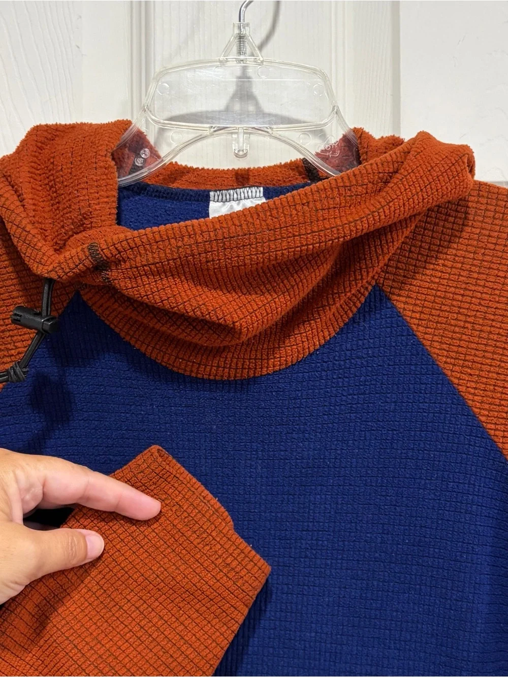 Melanzana Women’s Large Micro Grid Hoodie Burnt Orange Blue Jacket GUC Microgrid